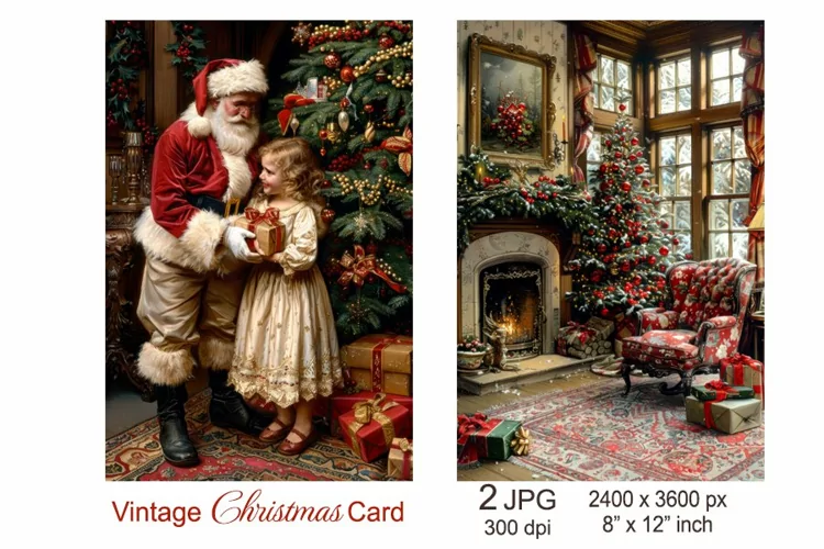 Vintage Santa Christmas card, Christmas Junk Journal pages