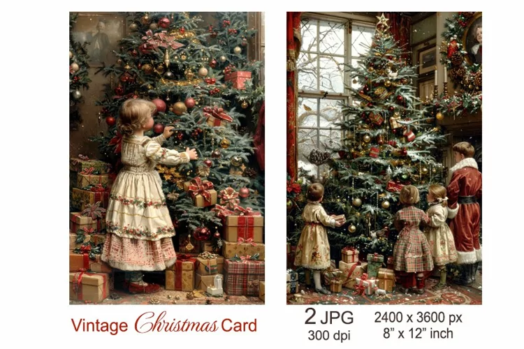 Vintage Christmas card, Children decorate the Christmas tree