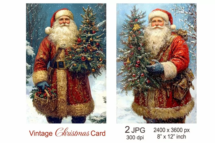Vintage Santa Christmas card, Santa Claus and Christmas Tree