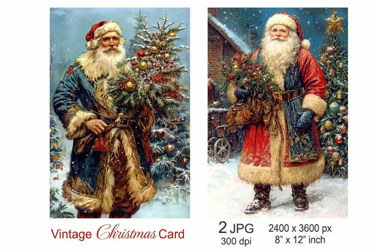 Vintage Santa Christmas card, Christmas Junk Journal papers