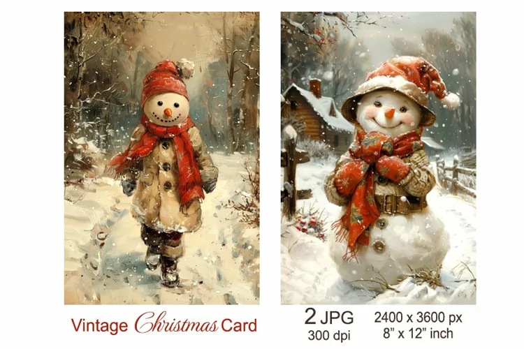 Vintage Snowman Christmas card, Christmas Junk Journal paper