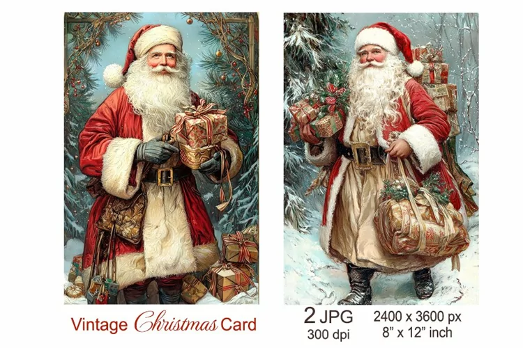Vintage Santa Christmas card, Santa Claus and Christmas Gift