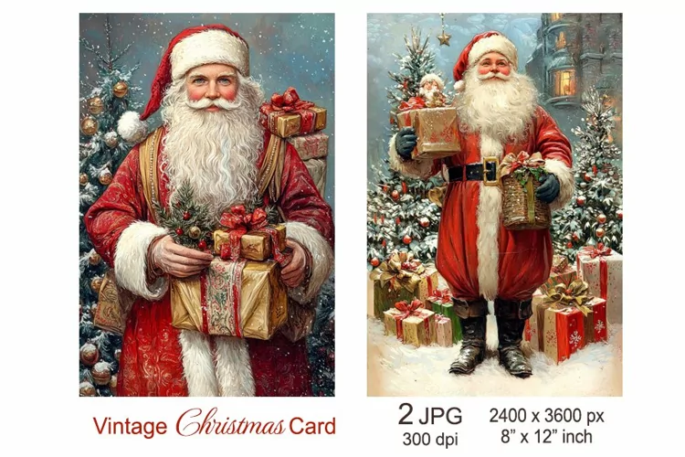 Vintage Santa Christmas card, Santa Claus and Christmas Gift