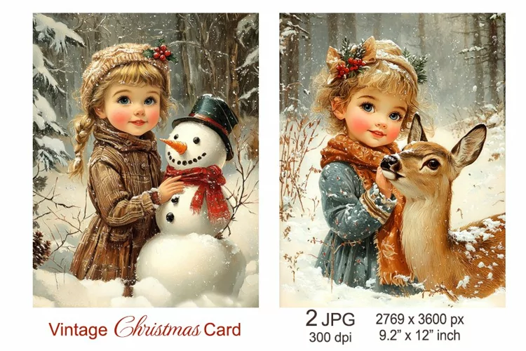 Retro Christmas Card, Deer Snowman, Christmas Junk Journal