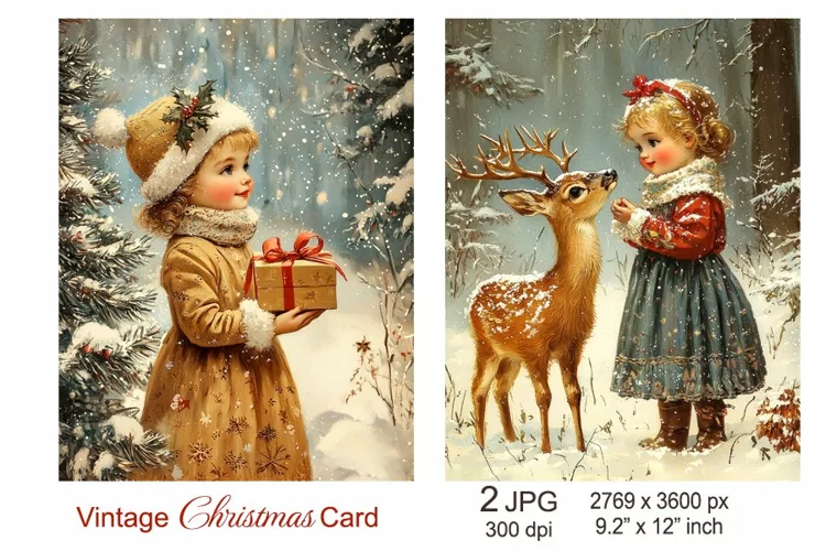 Retso Christmas Card, Girl hug Christmas Deer Junk Journal
