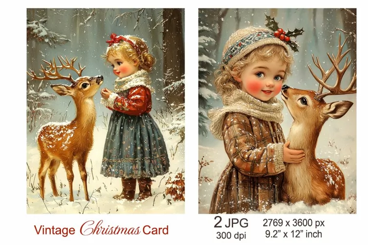 Cute Christmas Card, Girl hug Christmas Deer Junk Journal