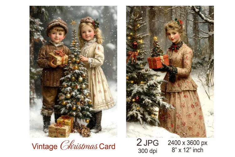 Vintage Christmas card Kids Lady Christmas tree Junk Journal