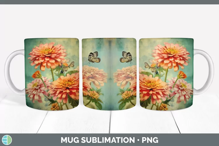 Vintage Zinnia Flowers Mug Wrap | Sublimation Coffee Cup Des