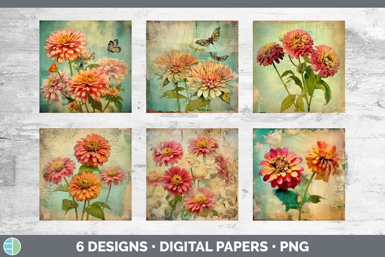 Vintage Zinnia Flowers Paper Backgrounds | Digital Scrapbook