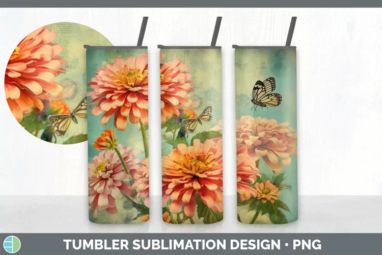 Vintage Zinnia Flowers Tumbler | Sublimation 20 oz Skinny Tu