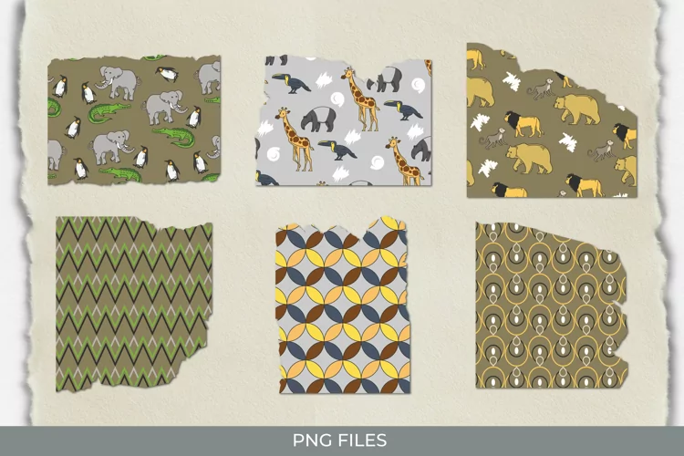Vintage Zoo Seamless Pattern Torn Paper