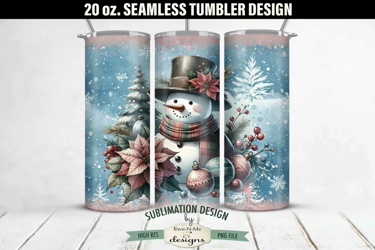 Vintage Blue Pink Christmas Snowman SEAMLESS 20 oz Tumbler