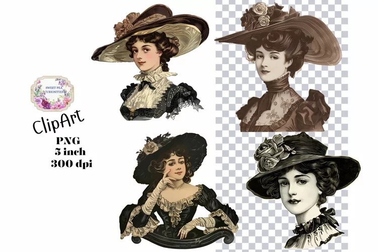 Ladies, 2, PNG, Junk Journal, Vintage, clipart