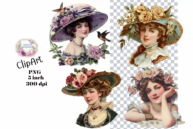 Ladies, 4, PNG, Junk Journal, Vintage, clipart