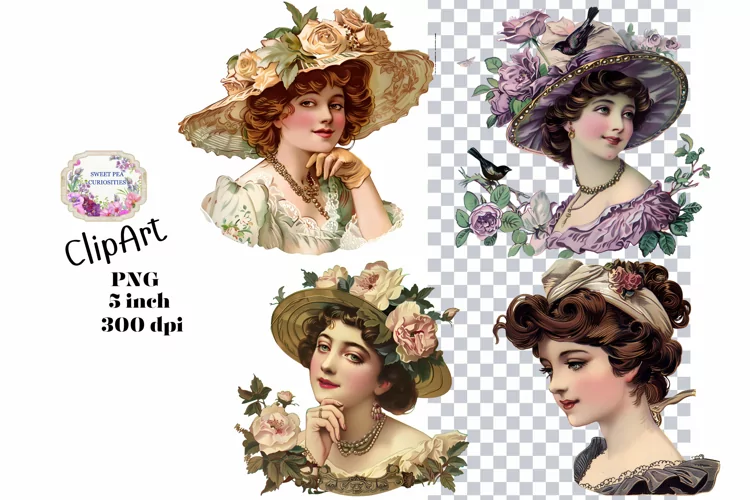 Ladies, 5, PNG, Junk Journal, Vintage, clipart