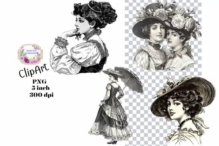 Ladies, 6, PNG, Junk Journal, Vintage, clipart