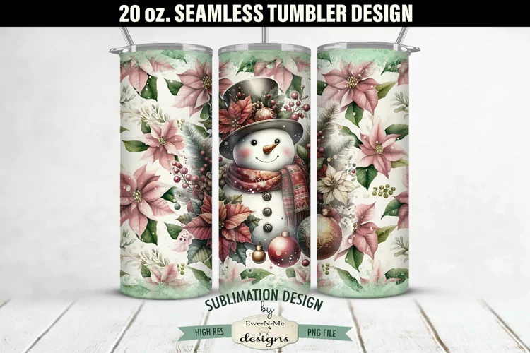 Pink Poinsettia Christmas Snowman SEAMLESS 20 oz Tumbler PNG