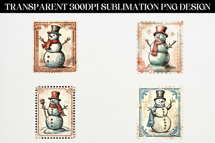 Vintage Snowman Stamp Christmas Sublimation Design PNG