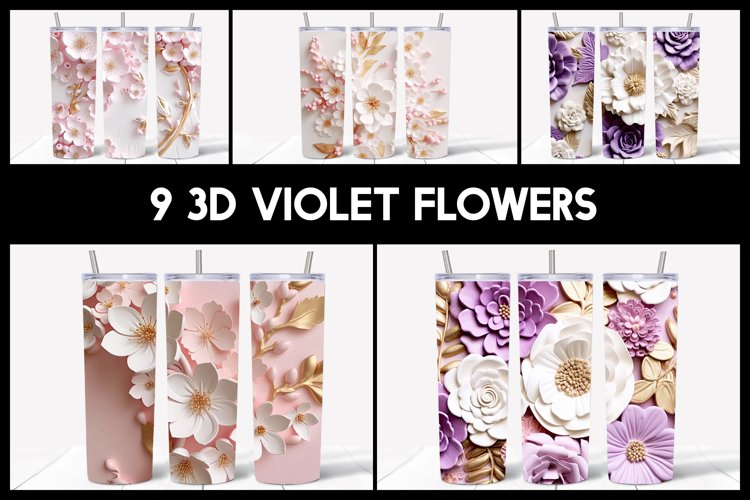 9 3D Violet Tumbler Sublimation |3D Flowers Tumbler Wrap example image 1