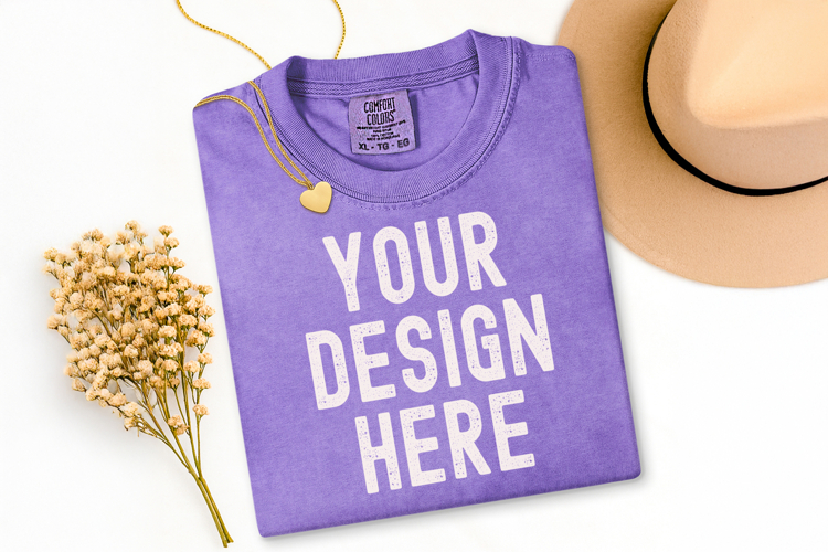 Comfort Colors C1717 Violet Shirt Mockup, Flat Lay Mockup