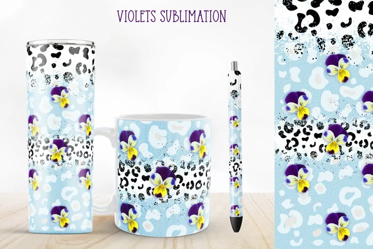 Leopard And Violets Tumbler Sublimation. Flower Mug Wrap