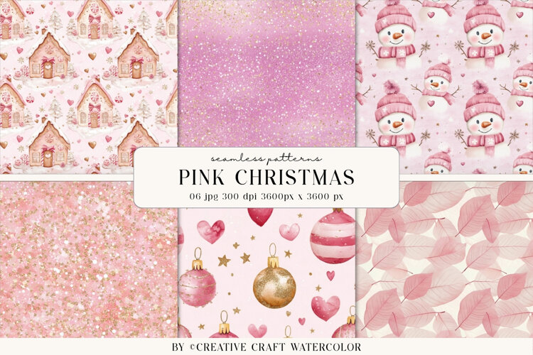 Pink Christmas Seamless Patterns Watercolor Digital Paper example image 1