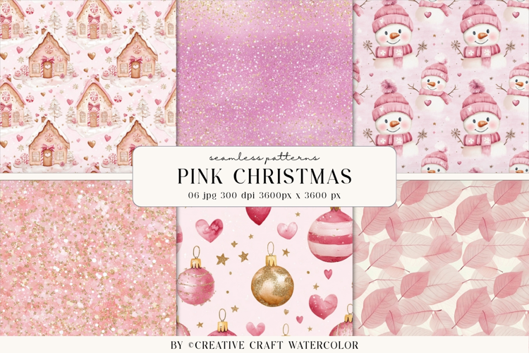 Pink Christmas Seamless Patterns Watercolor Digital Paper