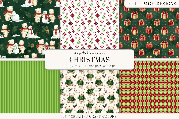 Christmas Teddy Bear Digital Paper Vintage Background example image 1