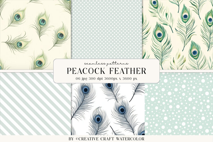 Peacock Feather Seamless Pattern, Watercolor digital paper example image 1