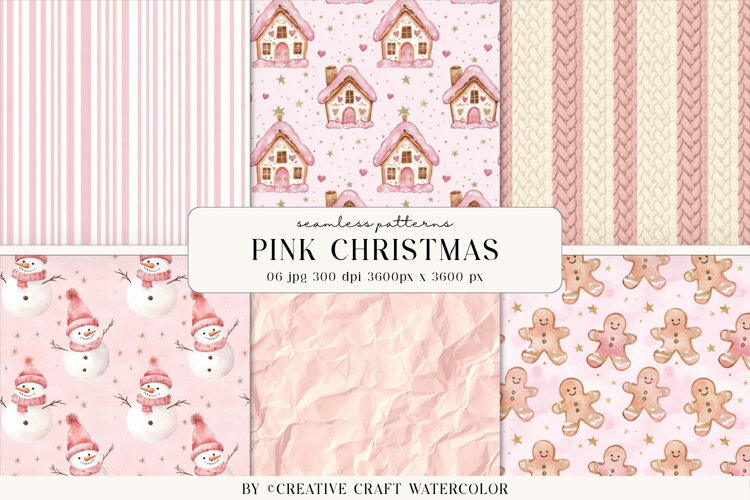 Pink Christmas Seamless Patterns Watercolor Digital Paper example image 1