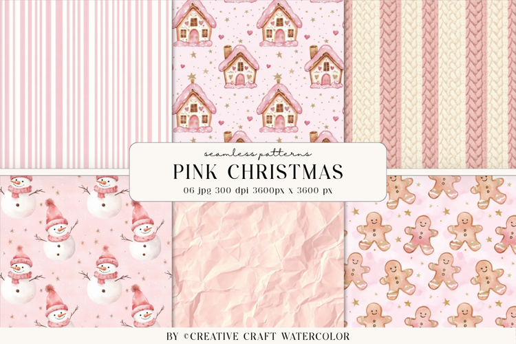 Pink Christmas Seamless Patterns Watercolor Digital Paper