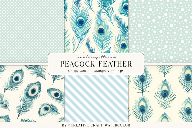 Peacock Feather Seamless Pattern, Watercolor digital paper example image 1