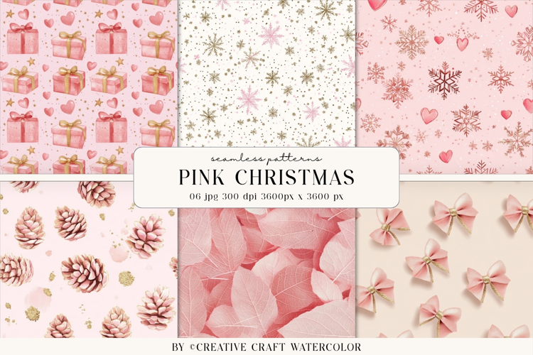 Pink Christmas Seamless Patterns Watercolor Digital Paper