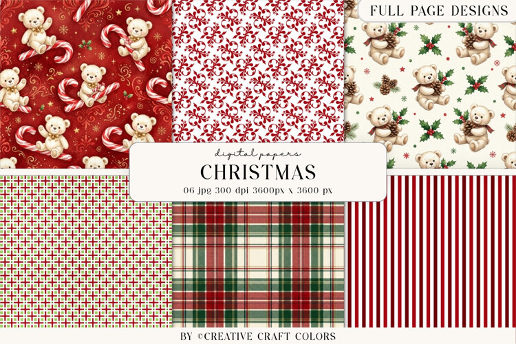 Christmas Teddy Bear Digital Paper Vintage Background example image 1