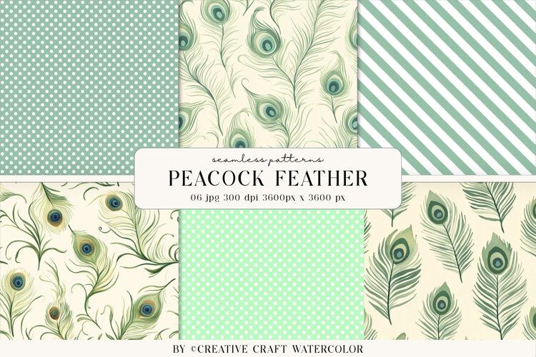 Peacock Feather Seamless Pattern, Watercolor digital paper example image 1