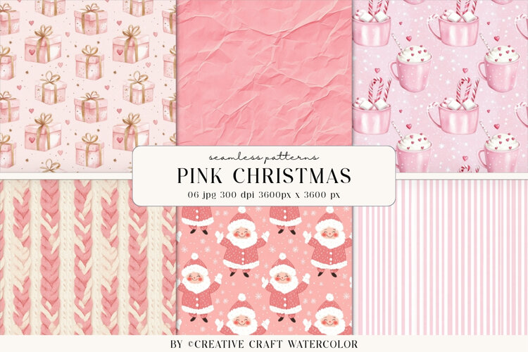 Pink Christmas Seamless Patterns Watercolor Digital Paper example image 1