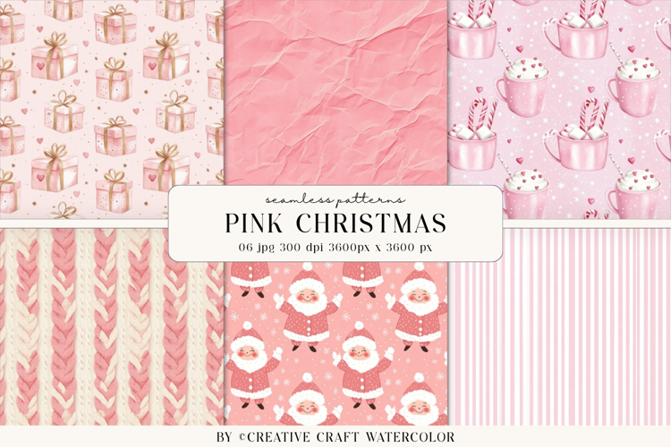 Pink Christmas Seamless Patterns Watercolor Digital Paper