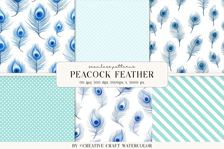 Peacock Feather Seamless Pattern, Watercolor digital paper example image 1