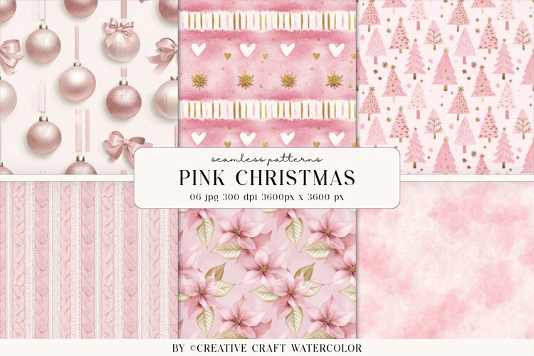 Pink Christmas Seamless Patterns Watercolor Digital Paper example image 1