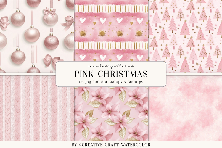 Pink Christmas Seamless Patterns Watercolor Digital Paper
