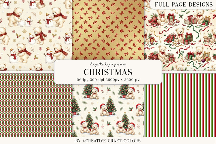 Christmas Teddy Bear Digital Paper Vintage Background example image 1