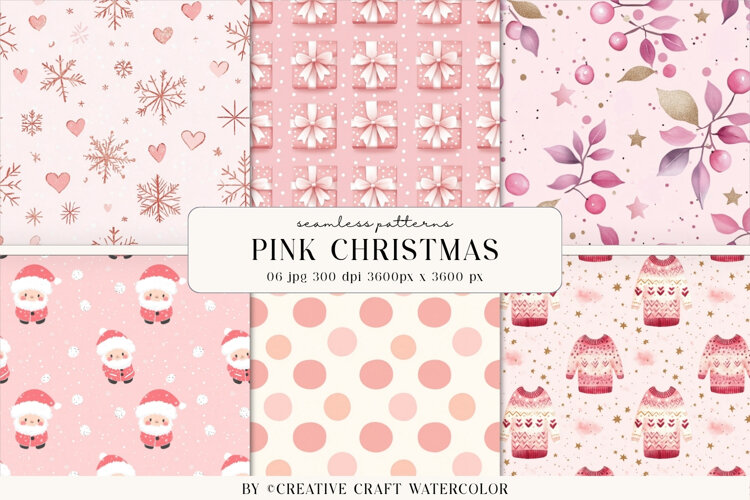 Pink Christmas Seamless Patterns Watercolor Digital Paper example image 1