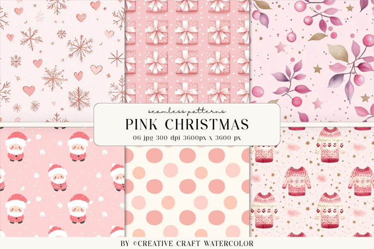 Pink Christmas Seamless Patterns Watercolor Digital Paper