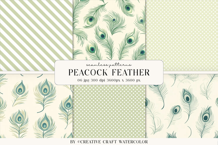 Peacock Feather Seamless Pattern, Watercolor digital paper example image 1