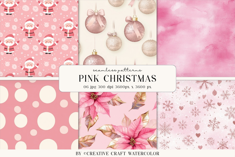 Pink Christmas Seamless Patterns Watercolor Digital Paper