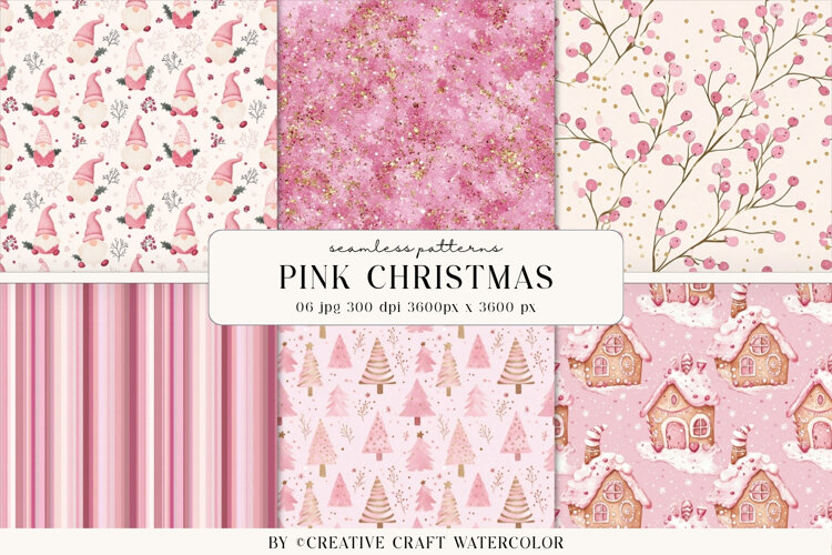 Pink Christmas Seamless Patterns Watercolor Digital Paper example image 1