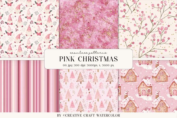Pink Christmas Seamless Patterns Watercolor Digital Paper