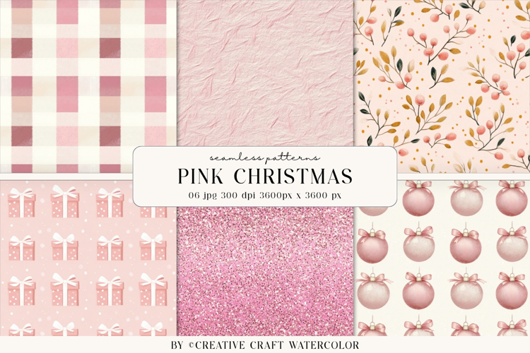 Pink Christmas Seamless Patterns Watercolor Digital Paper