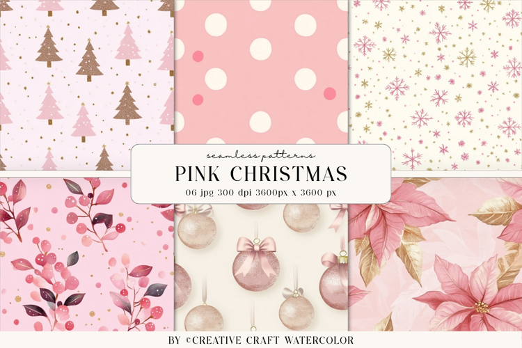 Pink Christmas Seamless Patterns Watercolor Digital Paper
