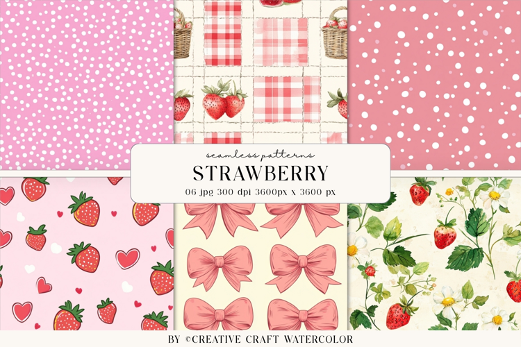 Strawberry Cottage Seamless Pattern Watercolor Digital Paper